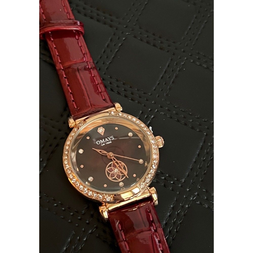 Omays UK 1989 OM0013 Watch Rose Gold Rhinestone Burgundy Red Leather Strap NEW